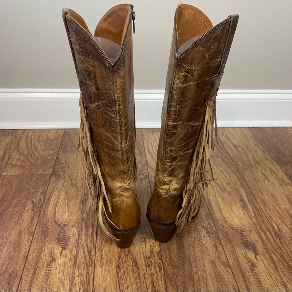 Lucchese Brown Leather Fringe Star Tall Heeled Boots - Picture 9 of 12